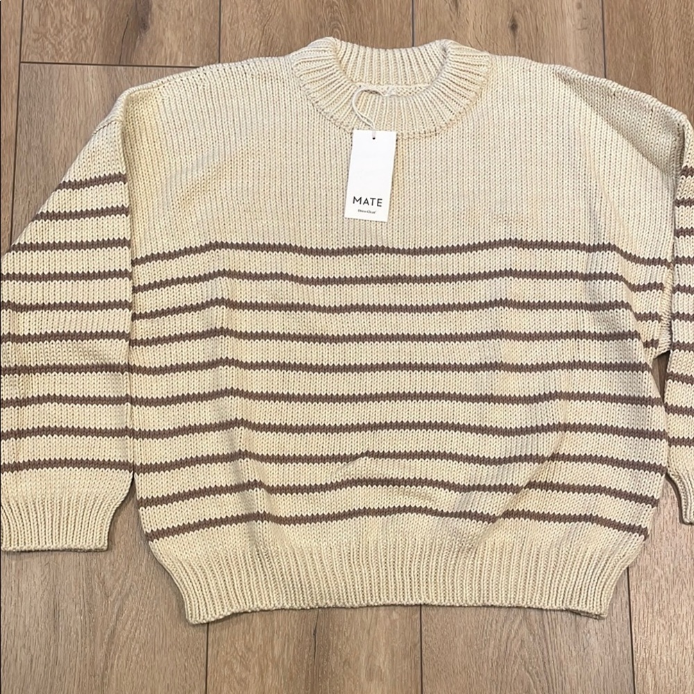 Mate Cream and Brown Crewneck Sweater with Chunky Knit